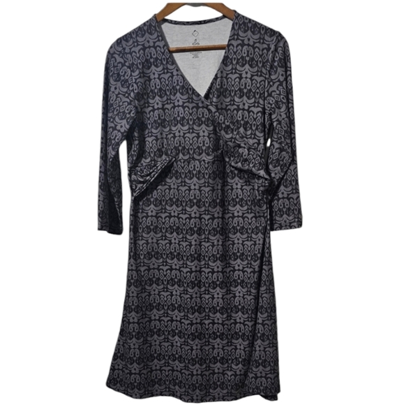 Prana Faux Wrap Ikat Print Dress – Grey/Dark Grey, Size L - Picture 1 of 8